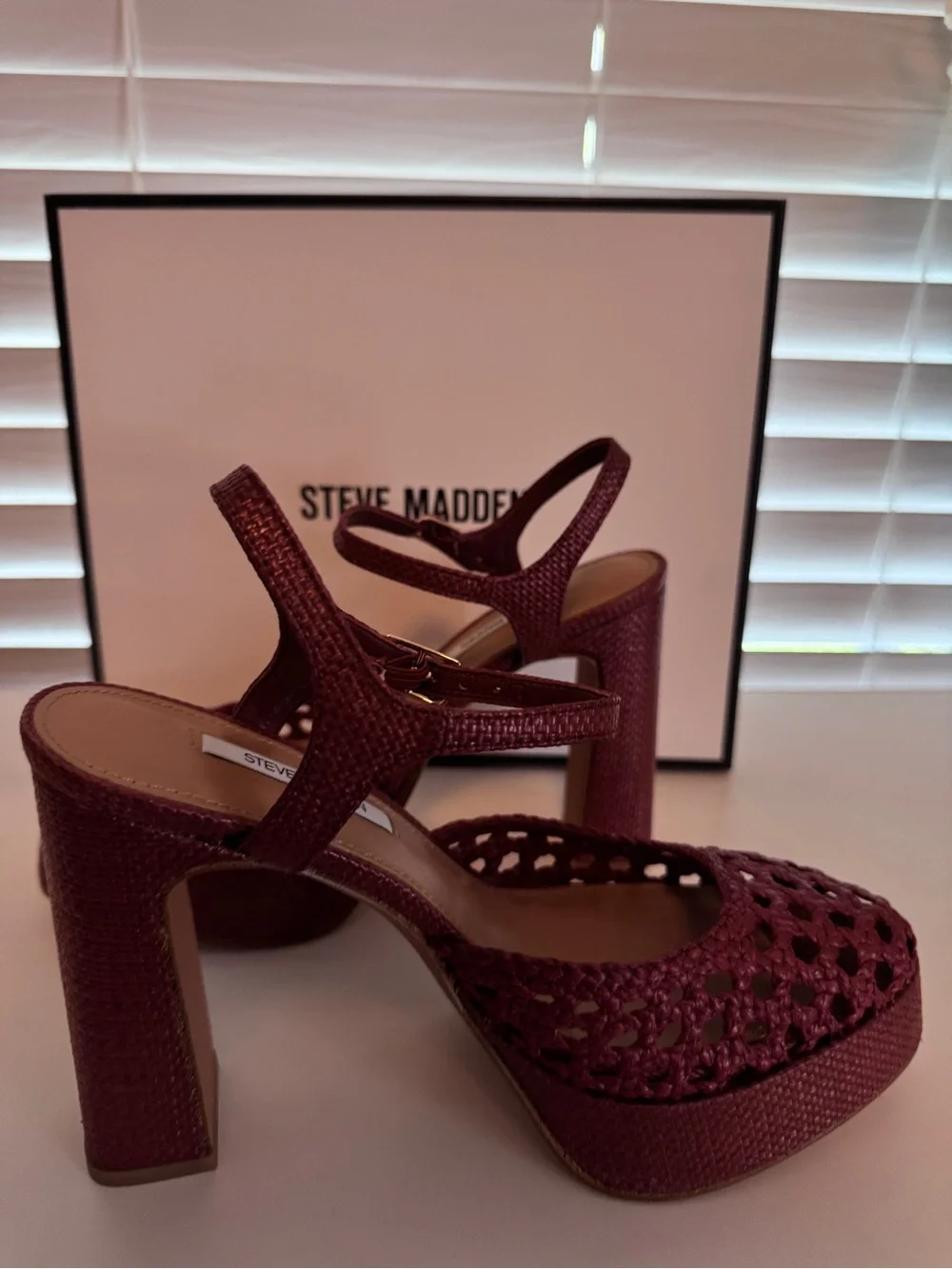 Steve Madden Lexie Raffia Woven Red Platform Block Heels